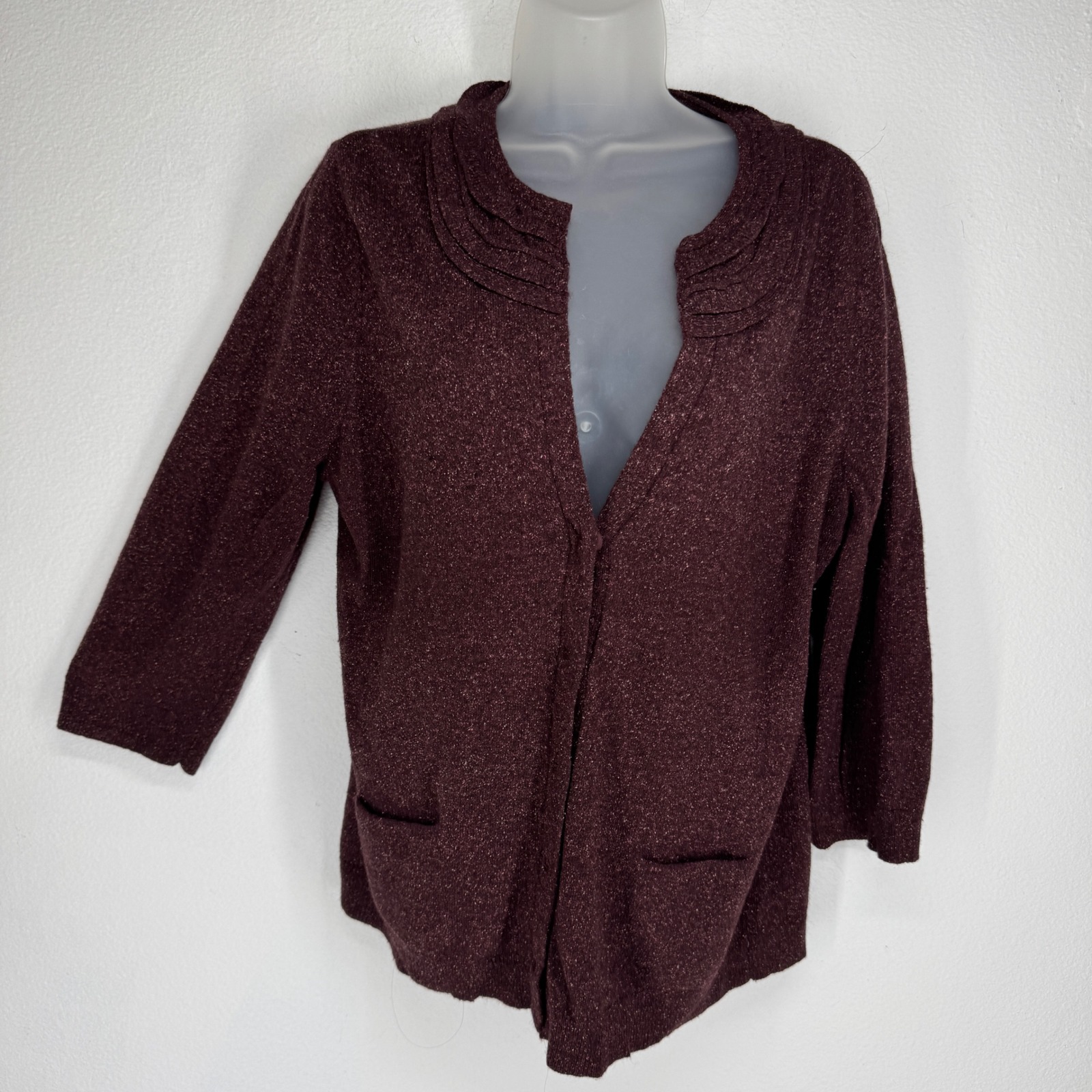J Jill Cardigan Sweater 3/4 Sleeve Pockets Large Wool Silk Cozy Cabin Country